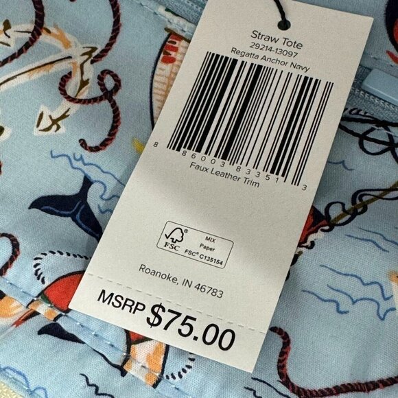 Vera Bradley Women's Straw Tote Bag Regatta Anchor Cream Nautical Multi Large - Picture 8 of 12